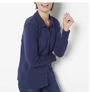 Isaac Mizrahi Live! Women's Essentials Pima Cotton Button-Up Shirt Blue Size 1XP